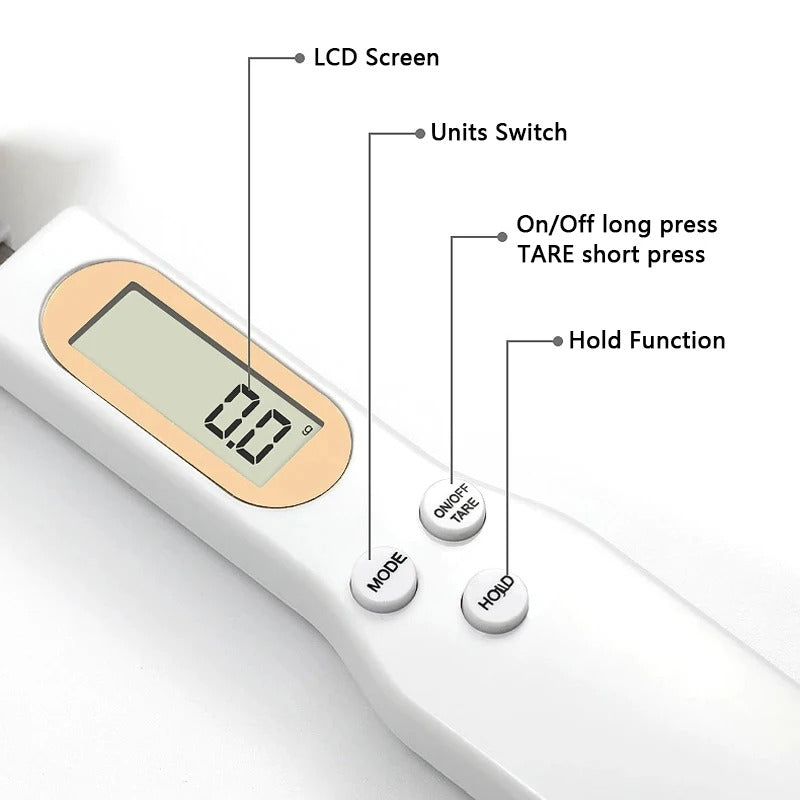 FusionCharm Digital Measuring Spoon Scale showing a stainless steel spoon with digital display for precise kitchen measurements.