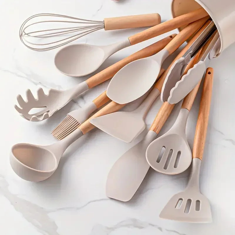 FusionCharm 12-piece silicone cooking utensils set with wooden handles, including spatulas, spoons, and turners for kitchen use.