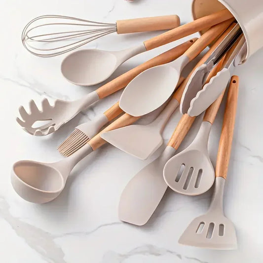 FusionCharm 12-piece silicone cooking utensils set with wooden handles, including spatulas, spoons, and turners for kitchen use.