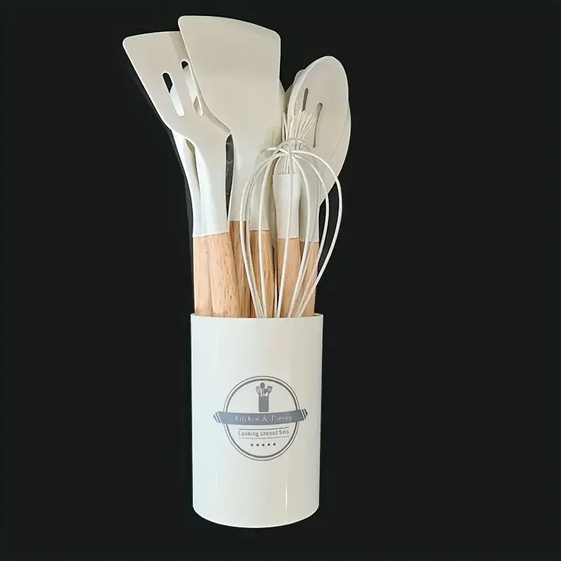 FusionCharm silicone kitchen utensils set with wooden handles, including spatulas, spoons, and turners for cooking and baking.