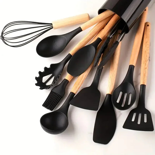 FusionCharm silicone kitchen utensil set with wooden handles, includes 12 different cooking tools arranged on a countertop.