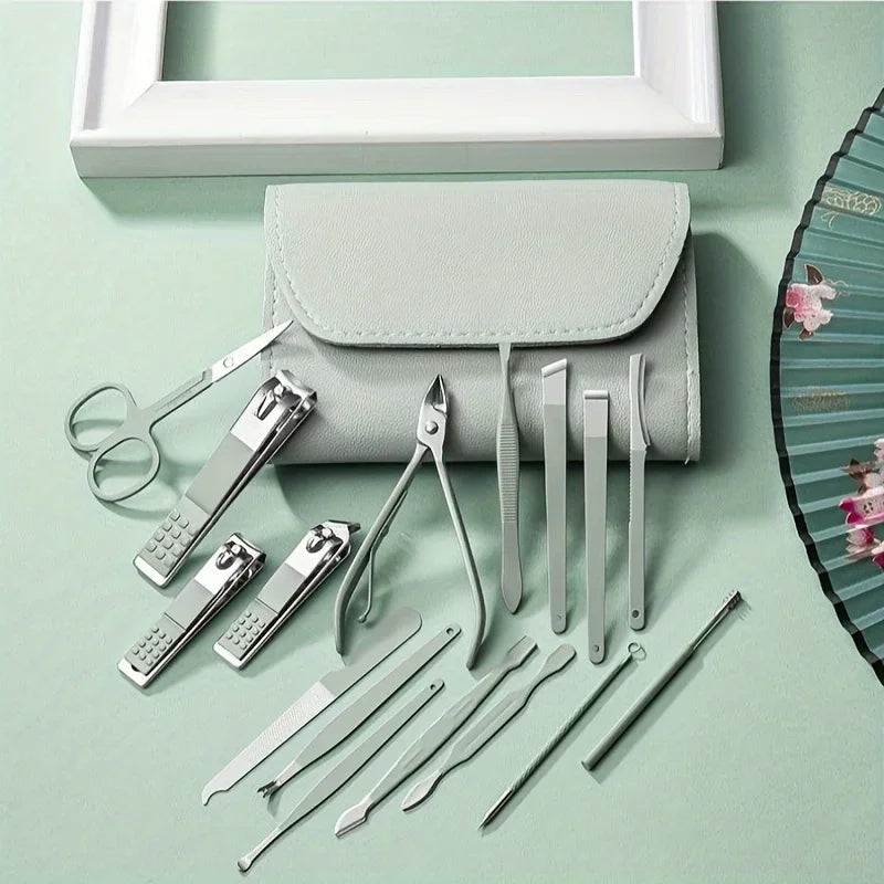 Fusion Charm 16-piece manicure pedicure kit with nail clippers, scissors, and tools for professional nail care and grooming.