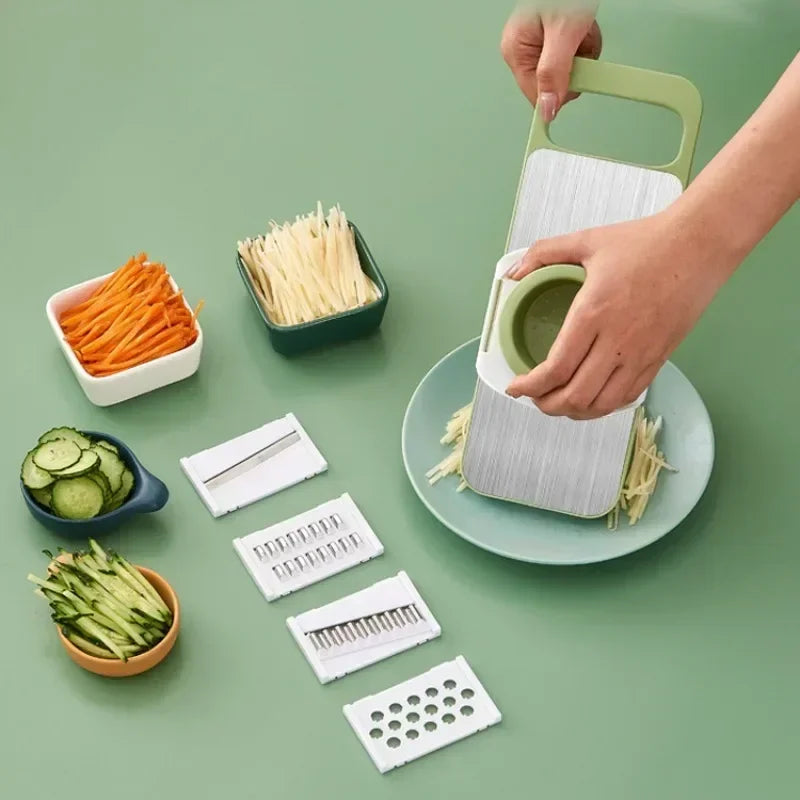 FusionCharm 5-in-1 vegetable cutter kitchen set with stainless steel blades, including multiple slicer attachments for versatile food prep.