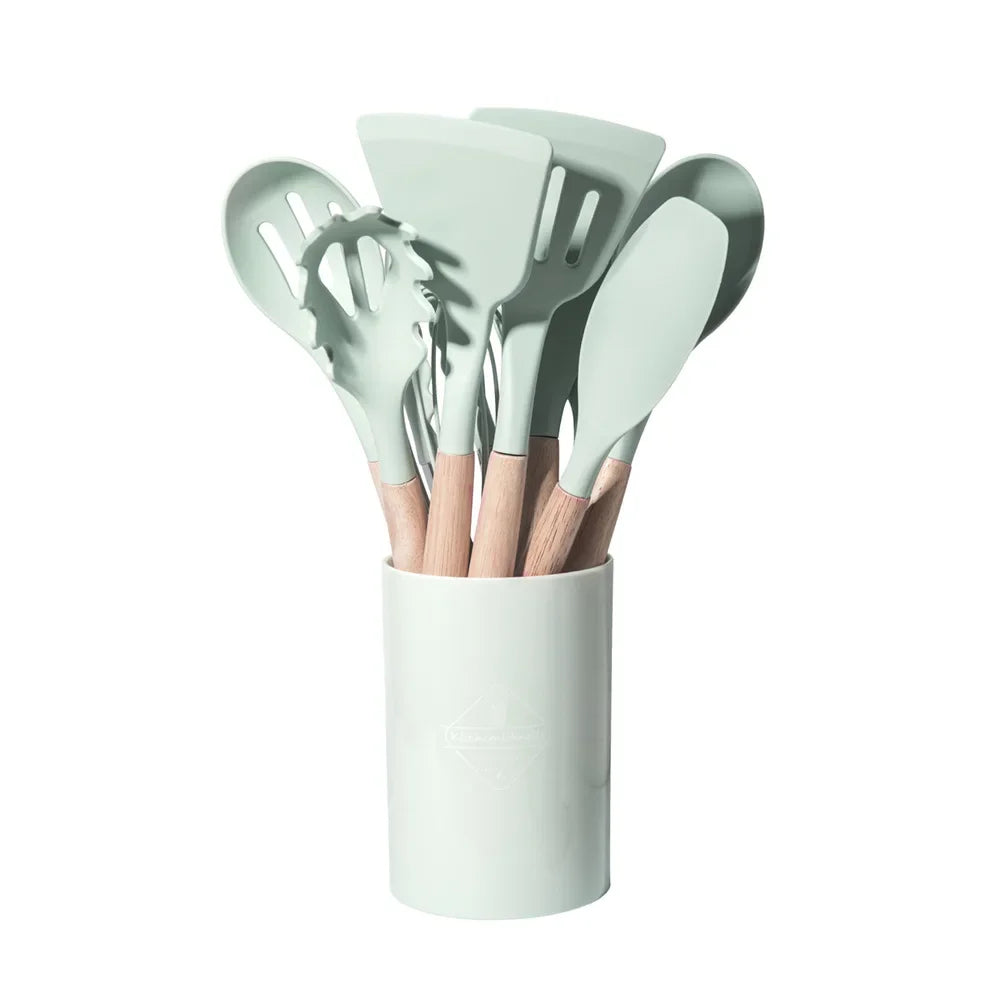 FusionCharm silicone kitchen utensil set with 12 pieces, featuring wooden handles, includes spatulas, spoons, and turners.