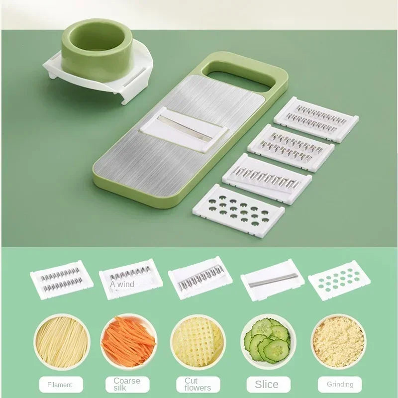 FusionCharm 5-in-1 vegetable cutter and slicer with stainless steel blades, versatile kitchen set for peeling, slicing, and chopping vegetables.