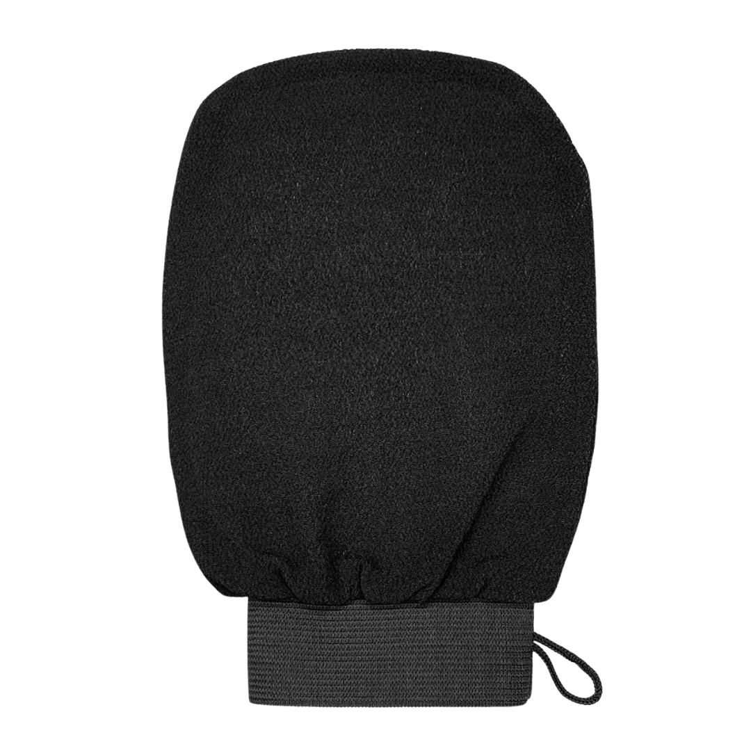 Black exfoliating gloves by FusionCharm for smooth, glowing skin; textured surface for effective exfoliation.