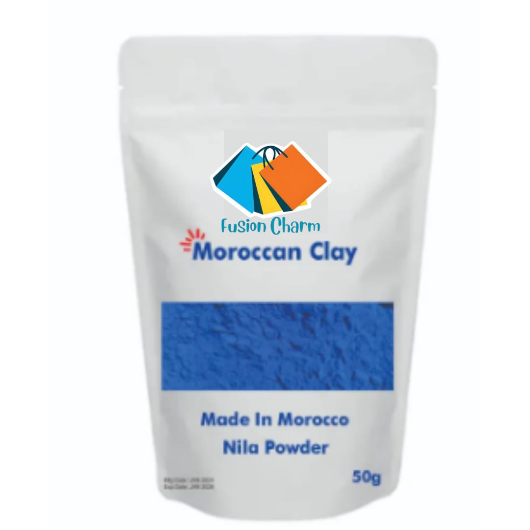 FusionCharm Pure Moroccan Blue Nila Powder for brightening skin, shown in a pack of two, featuring vibrant blue powder in a jar.