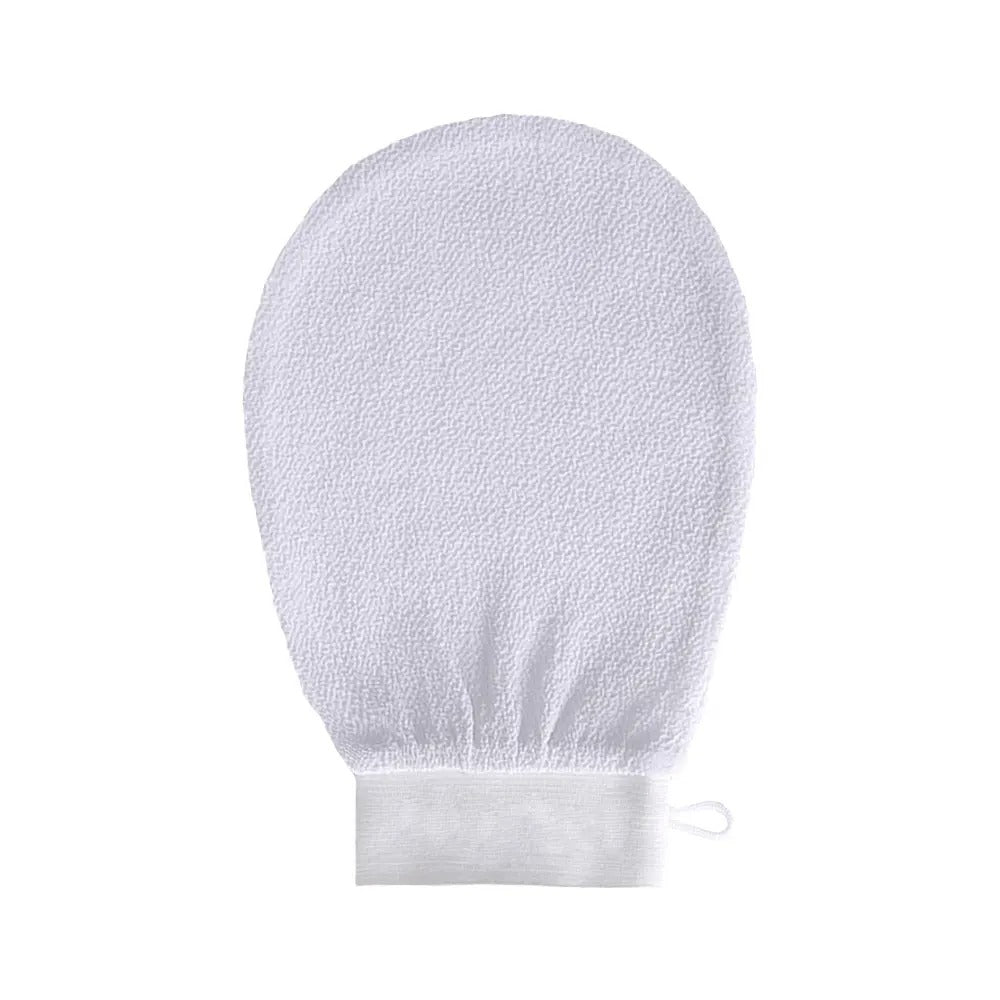 FusionCharm exfoliating gloves for smooth, glowing skin, showing textured fabric and hand wearing the gloves for skincare.