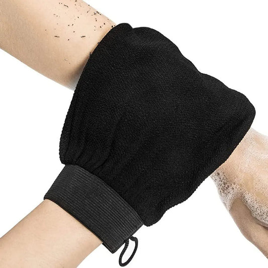 FusionCharm® exfoliating gloves for smooth, glowing skin, shown in a close-up image of textured, hand-fit exfoliation gloves.