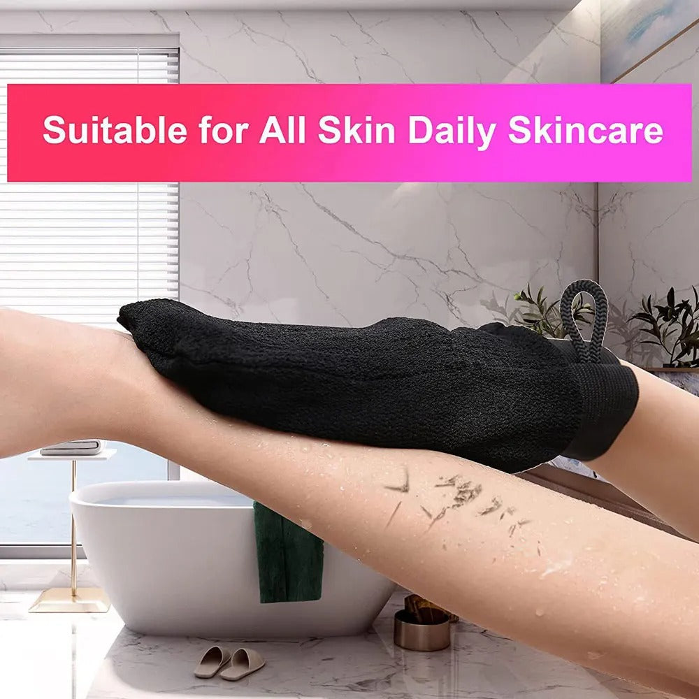 FusionCharm® exfoliating gloves for smooth, glowing skin, shown in a close-up image highlighting the textured surface for effective exfoliation.