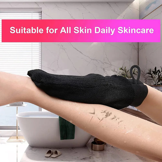 FusionCharm® exfoliating gloves for smooth, glowing skin, shown in a close-up image highlighting the textured surface for effective exfoliation.