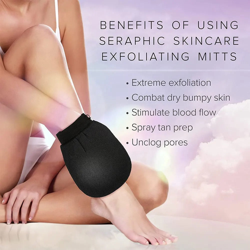 FusionCharm exfoliating gloves for smooth, glowing skin, shown in a close-up image with textured fabric and hand placement.