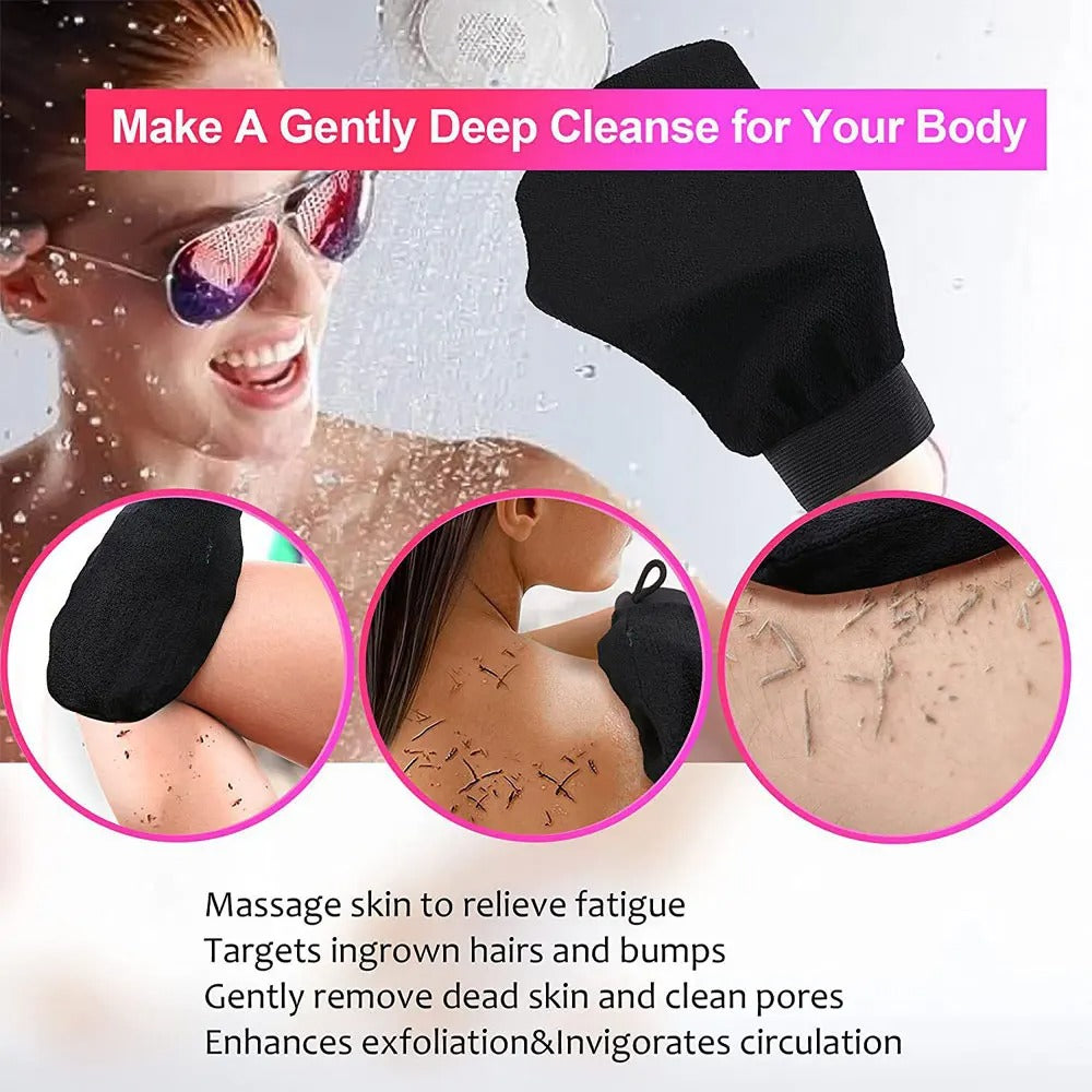 FusionCharm® exfoliating gloves for smooth, glowing skin, showcasing textured fabric designed for effective skincare.