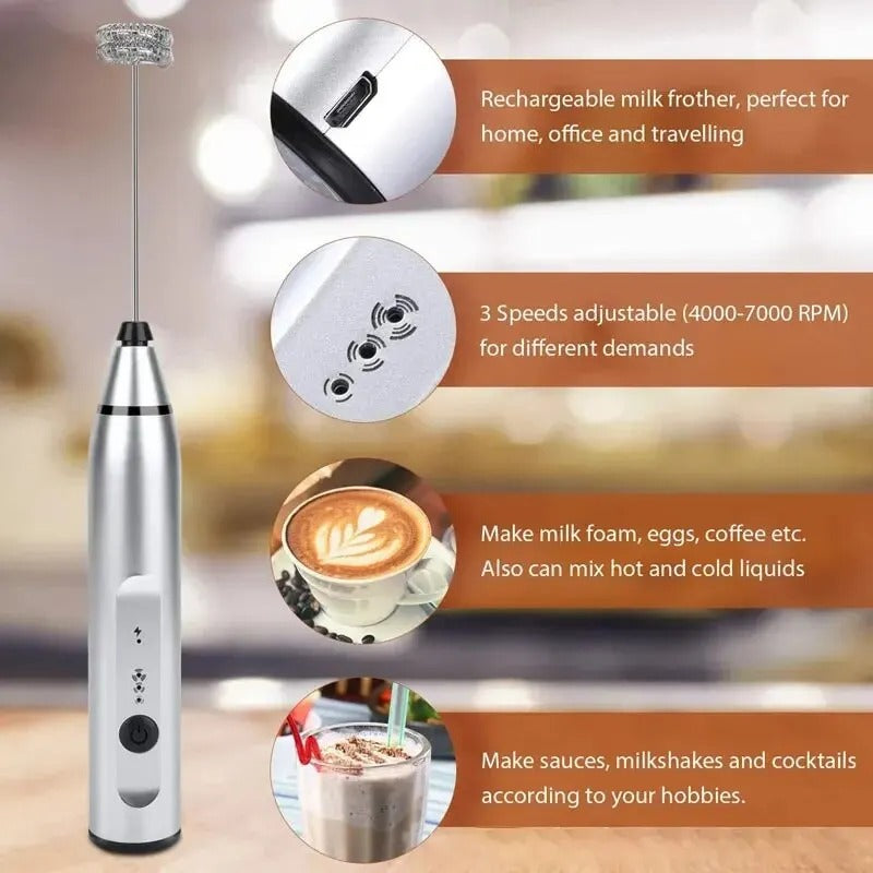 Fusion Charm 3-speed rechargeable handheld milk frother and coffee mixer with USB charging, ideal for making creamy drinks.