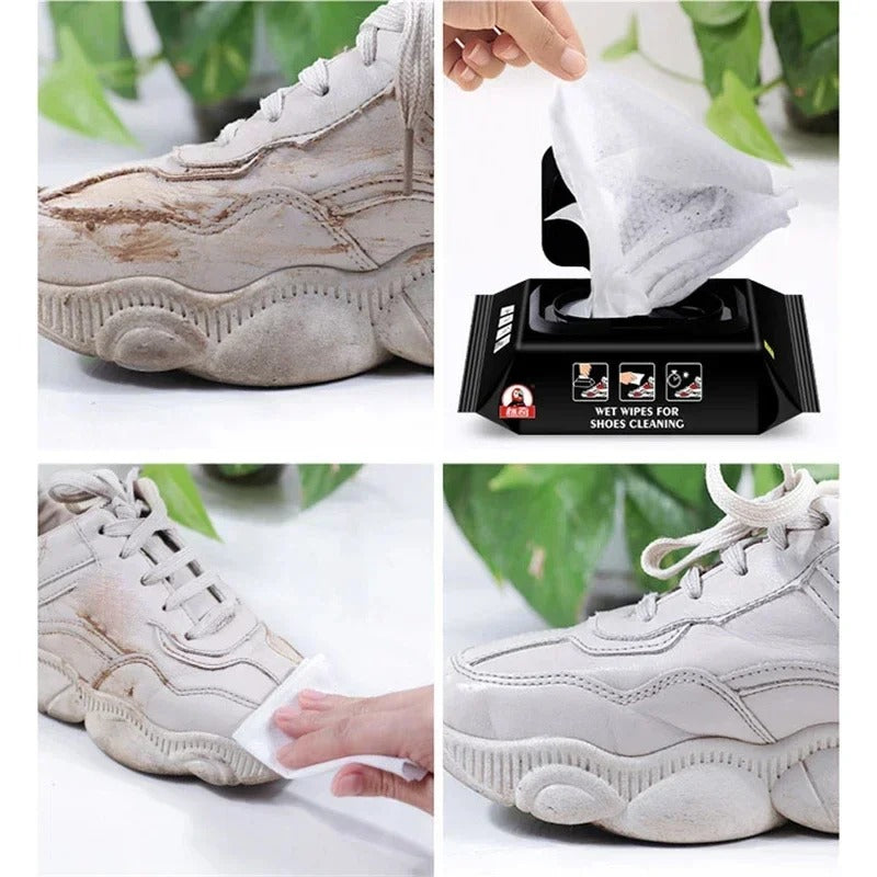 FusionCharm® shoe cleaning wipes for sneakers, showing a pack of instant sneaker cleaner wipes with a clean sneaker in the background.