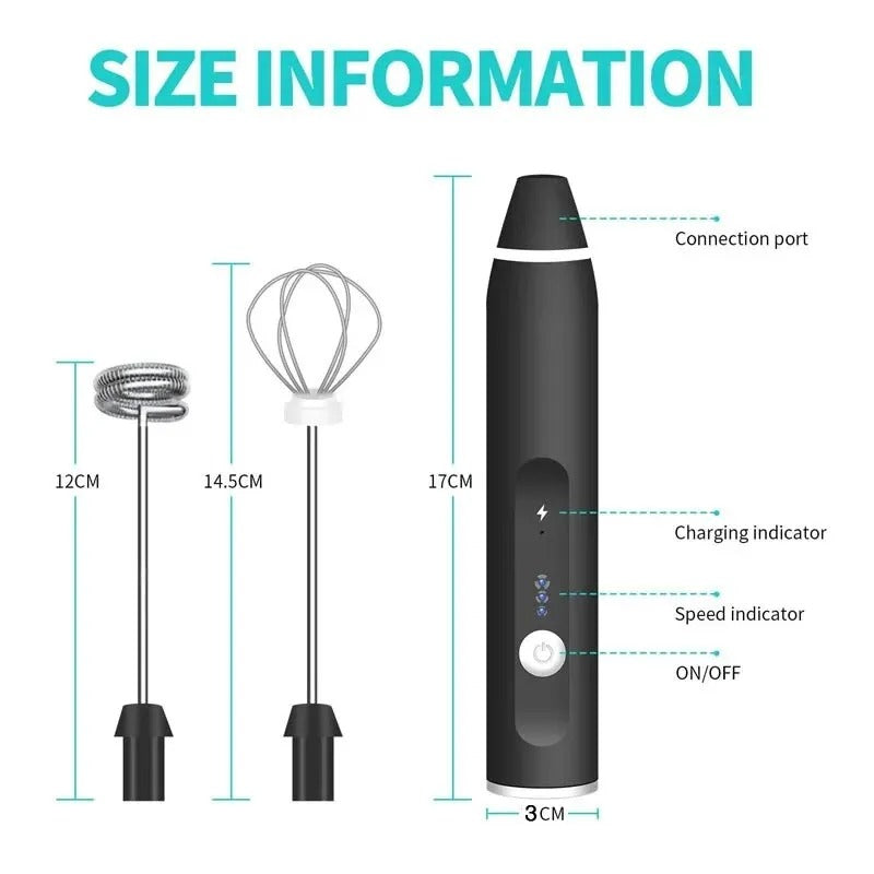 Fusion Charm 3-speed rechargeable handheld milk frother and egg beater with USB charging, perfect for coffee and kitchen mixing.