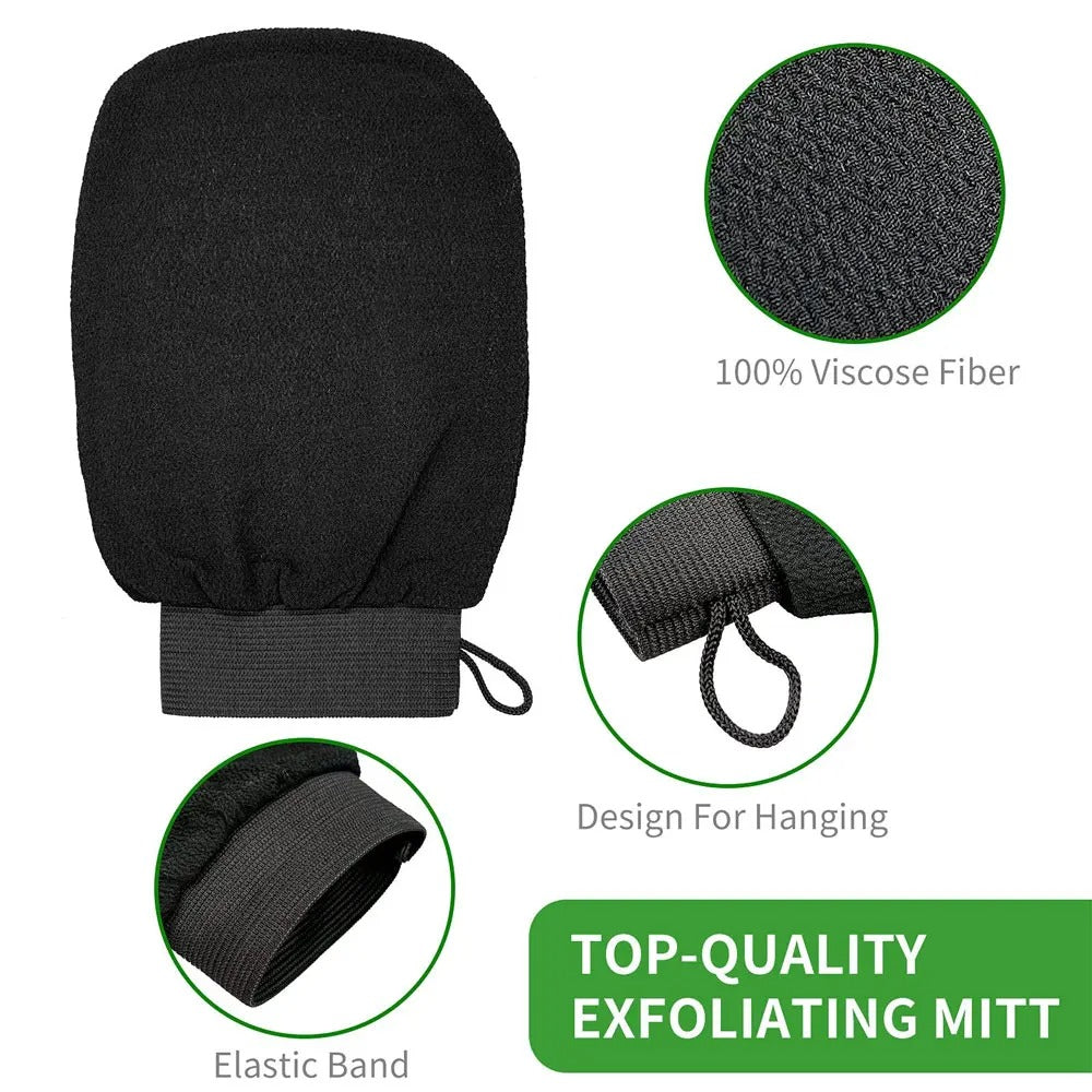FusionCharm exfoliating gloves for smooth, glowing skin, showing textured white gloves with pink accents on a clean background.