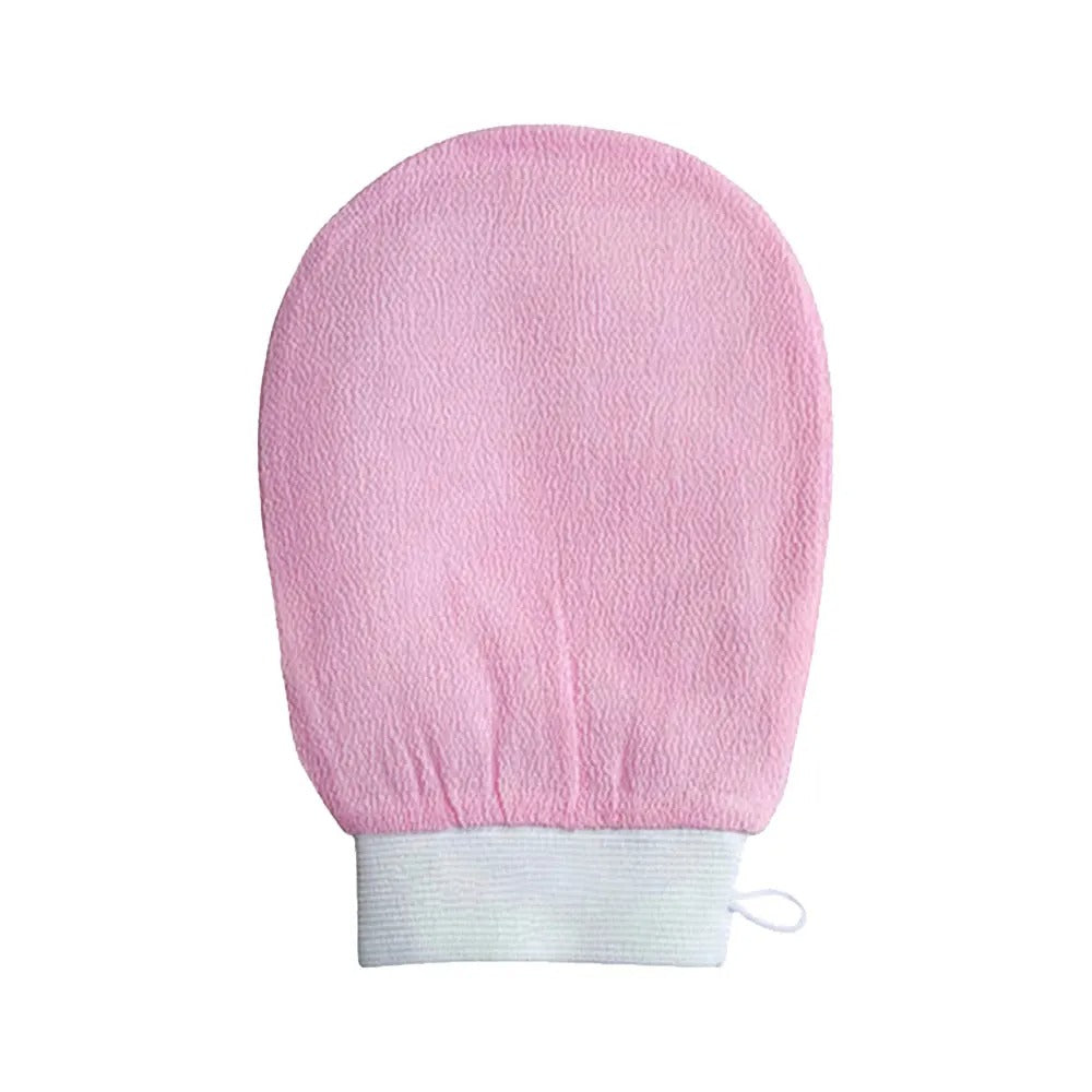 FusionCharm® exfoliating gloves for smooth, glowing skin, displayed hanging with textured surface and reinforced wrist band.